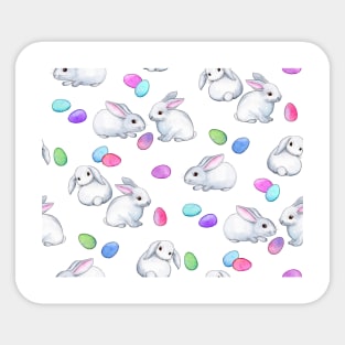 Easter Bunnies with Rainbow Pastel Eggs on white Sticker